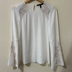BCBGMaxAzria Cream Lace Embellished Bell Sleeve Blouse